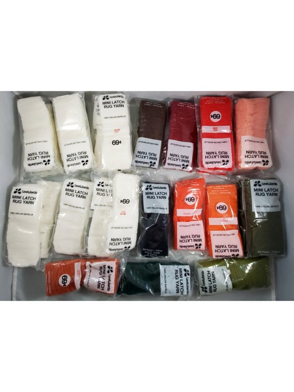 Lot of 25 LeeWards Mini Latch Rug Yarn 0.55oz Acrylic White & Multicolor Vintage